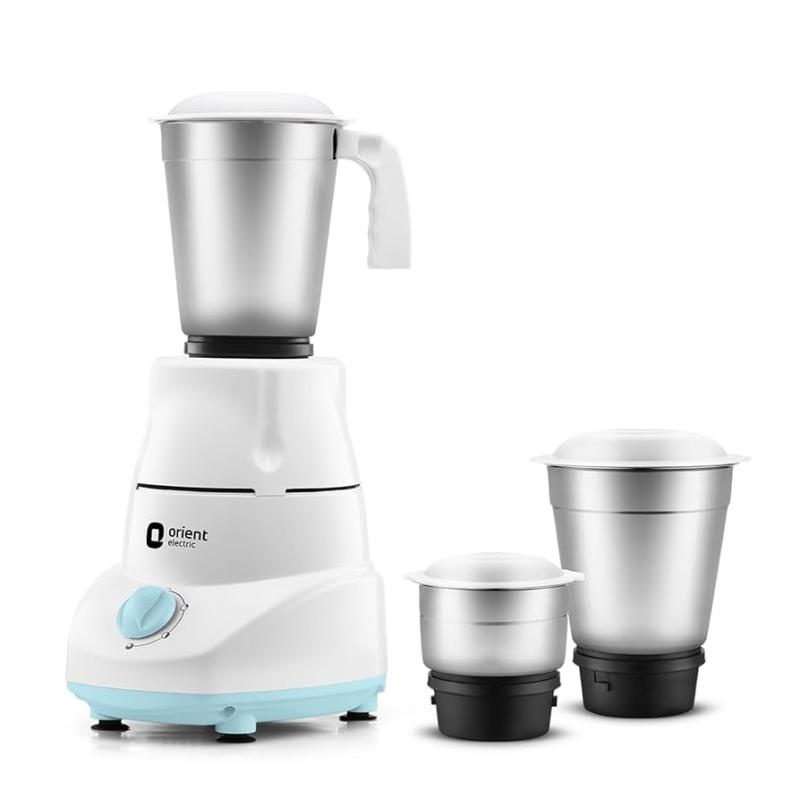 Orient Electric Kitchen Klassic Longer life motor | ABS body | SS Jars | Uniform Grinding 500 W Mixer Grinder  (Kitchen Klassic | 3 Jars | White, Turquoise Blue)