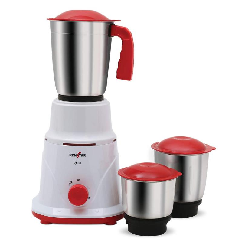 KENSTAR Spice 500-WATT Mixer GRINGER with 3 Jars (White & RED) | 5 Yr Warranty On Motor