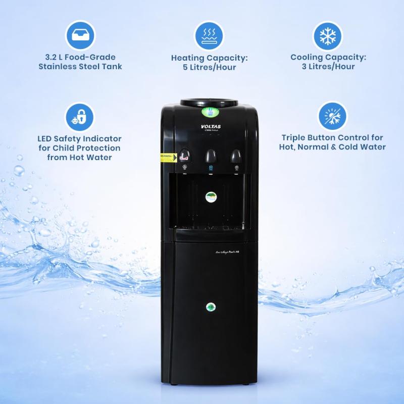 Voltas Pearl RB Hot, Cold and Normal Floor Standing Water Dispenser (Black), 15L