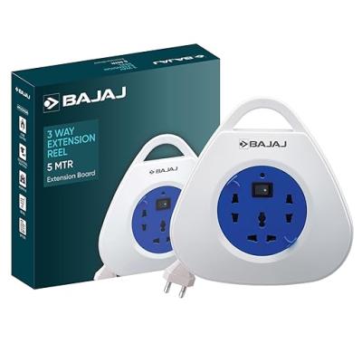 Bajaj Extension Reel | 5 Meter Long Cable | One 3-Pin and Two 3-Pin Universal Sockets | Fire Retardant Cable | 6 Months - Warranty (Pack of 1, White)