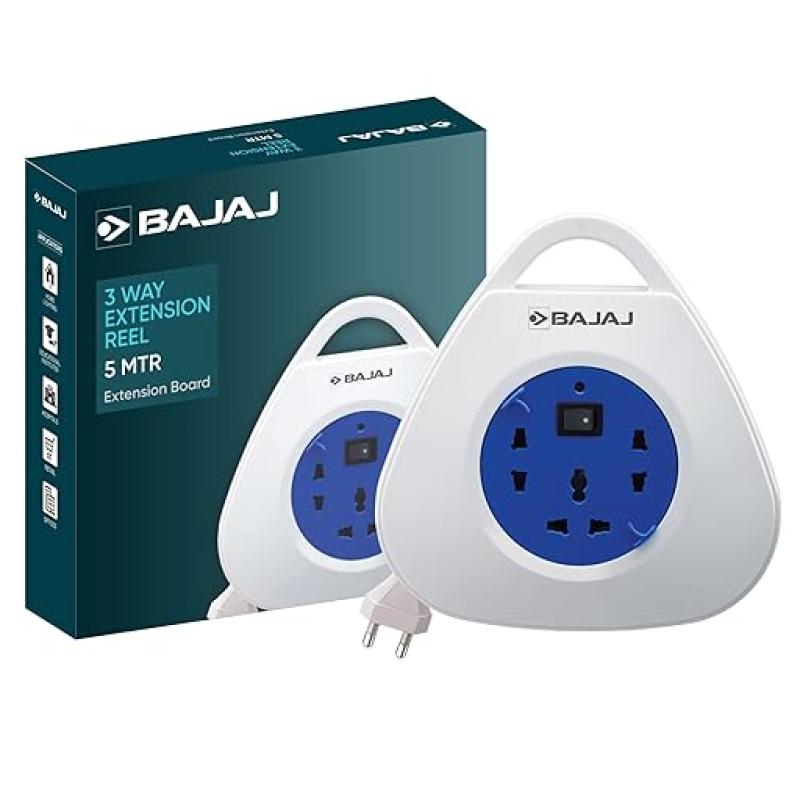 Bajaj Extension Reel | 5 Meter Long Cable | One 3-Pin and Two 3-Pin Universal Sockets | Fire Retardant Cable | 6 Months - Warranty (Pack of 1, White)