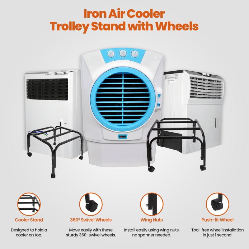 Heavy Duty Metal Cooler Stand with 360° Rotating Wheels | Up to 120 KG Load Capacity | Rust-Resistant Base | Suitable for Room & Desert Coolers (Black) (Black)