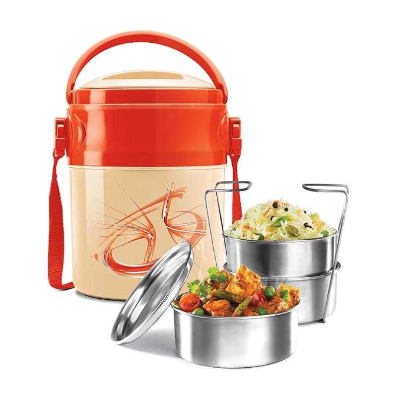 MILTON Odyssey Insulated Tiffin, 3 Stainless Steel Containers, 380 ml Each and 1 Papad Box, 200 ml, Ivory | PU Insulated | Food Grade | Easy to Carry | Hot & Cold | Office | Outdoors