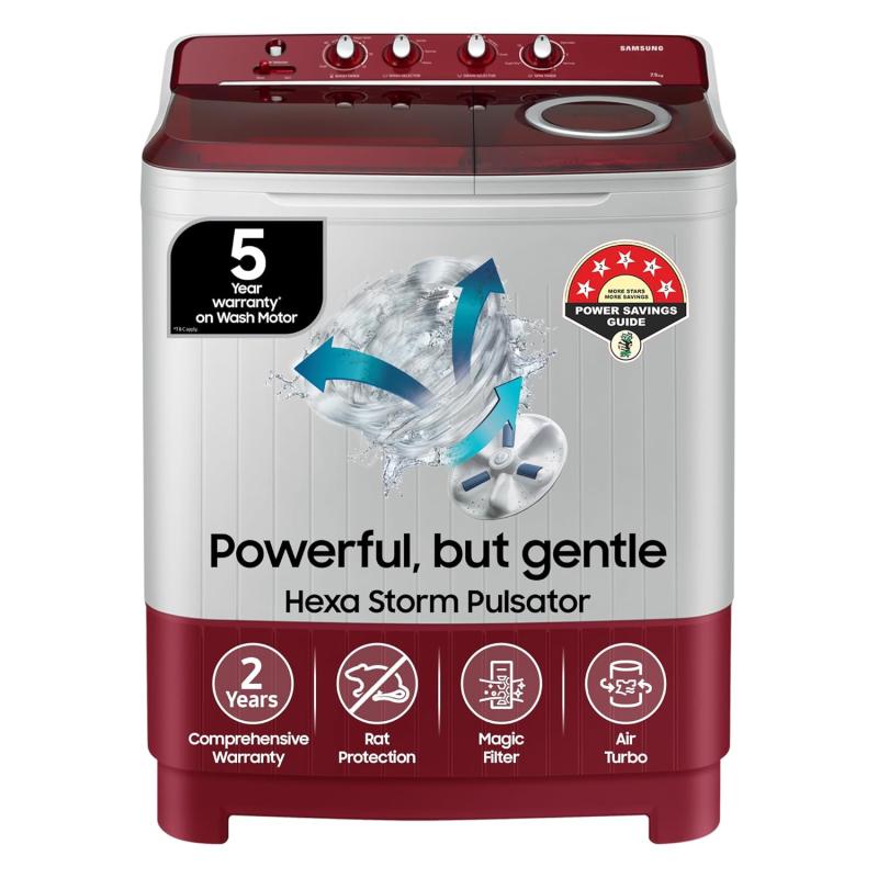 Samsung 8 Kg Inverter 5 Star Semi Automatic Top Load Washing Machine (WT80C4000RR, Light Grey & Red Base, Air turbo drying, 5 Year Warranty on Wash Motor)