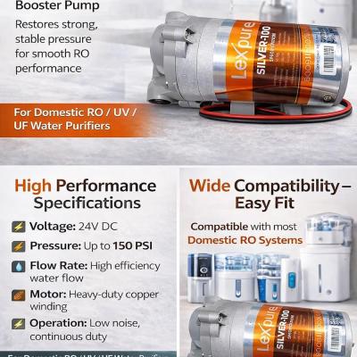AQUAKNOT Lex’pure SILVER-100 RO Booster Pump | High Pressure 24V DC | Improves Water Flow for RO, UV & TDS Controller Systems, 1- Yr warranty