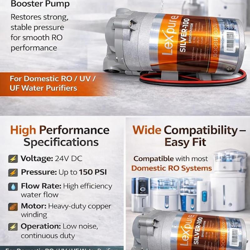AQUAKNOT Lex’pure SILVER-100 RO Booster Pump | High Pressure 24V DC | Improves Water Flow for RO, UV & TDS Controller Systems, 1- Yr warranty