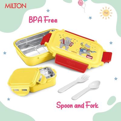 MILTON Sherry Steel Tiffin Lunch Box for Kids with Inner Stainless Steel Container I Leak Proof Tiffin Box with Spoon & Fork