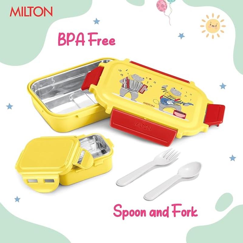 MILTON Sherry Steel Tiffin Lunch Box for Kids with Inner Stainless Steel Container I Leak Proof Tiffin Box with Spoon & Fork