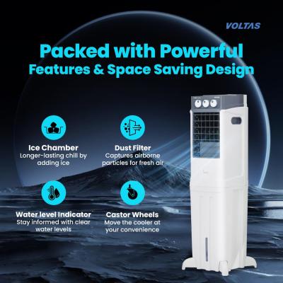 VOLTAS Slimm 35 Litres Tower Air Cooler with Ice Chamber (Auto Swing, White & Grey)