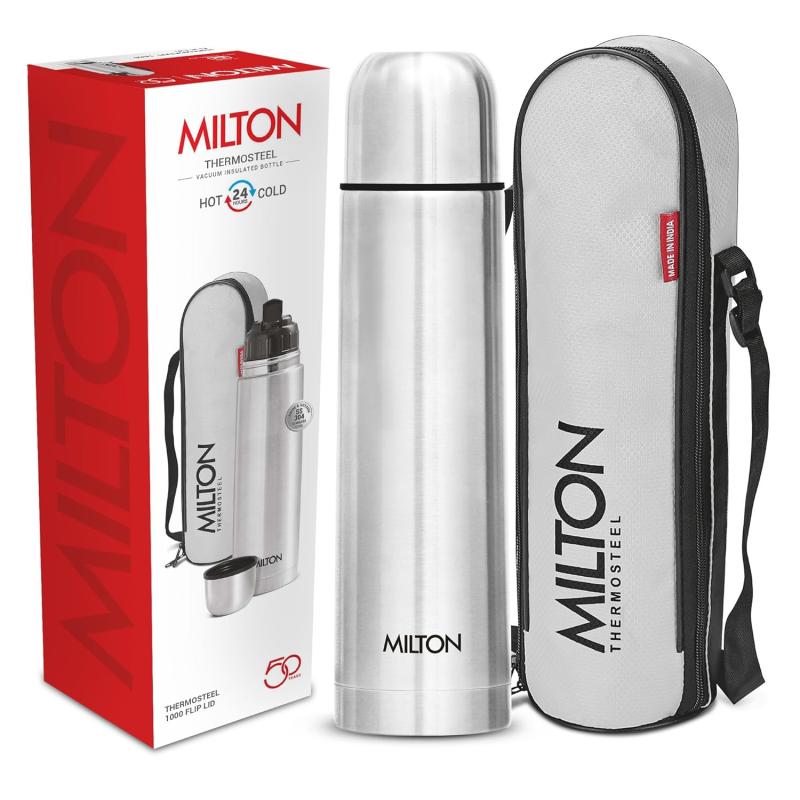 Milton Flip Lid 1000 Thermosteel Water Bottle 1 LTR, 24 Hr Hot and Cold I Leak Proof Lid, ISI Certified I Vacuum Insulated I for Office, Gym, School I Silver