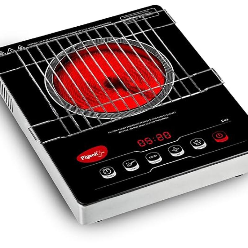 Pigeon Eva Infrared Cooktop 2000 Watts Black (with Free Stainless Steel Grill, Full touch Panel, Auto shut off and Overheat Protection)