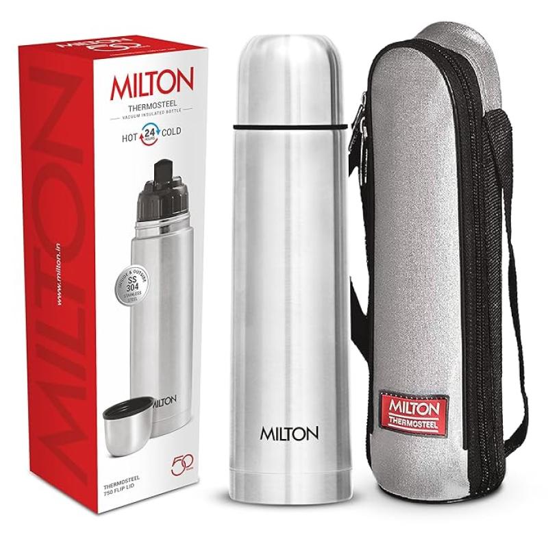 Milton Flip Lid 750 Thermosteel 750 ml Water Bottle, 24 Hr Hot and Cold I Leak Proof Lid with Jacket, ISI Certified I Vacuum Insulated I for Office, Gym, School I Silver
